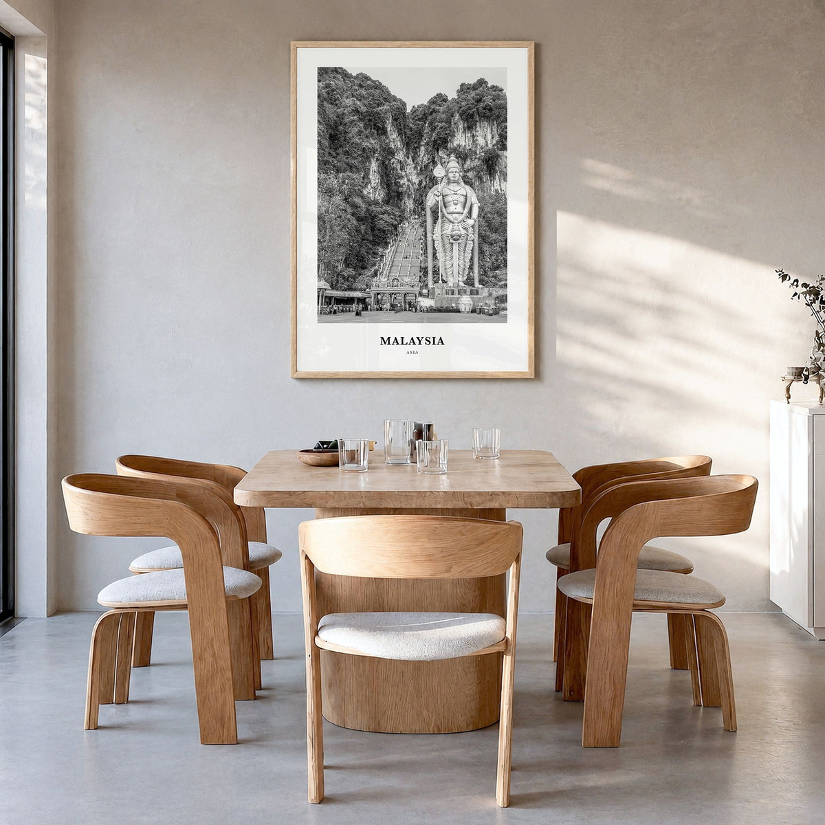 Malaysia Classic Poster in a natural wood frame, hanging in a dining room