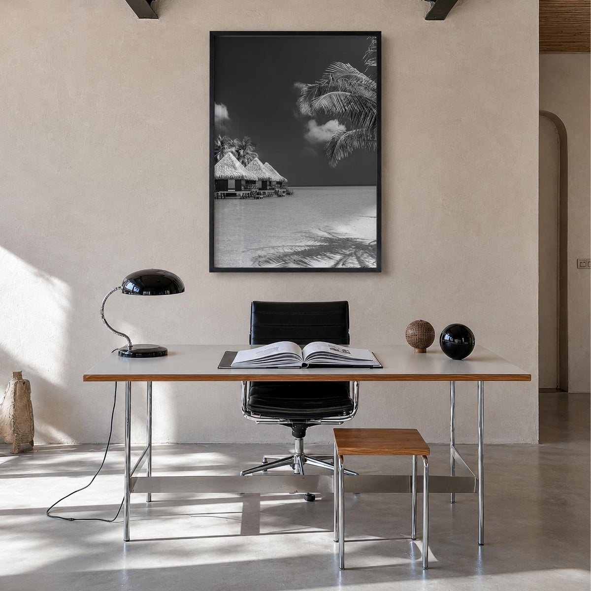 Maldives black & white photo poster of Asia – vertical wall art in black wood frame, hanging on wall