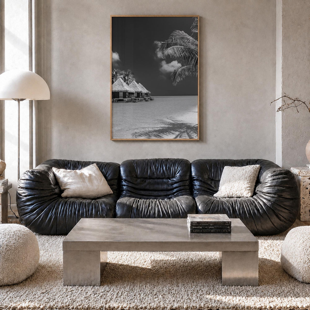 Maldives black & white photo poster of Asia – vertical wall art in natural wood frame, hanging on wall