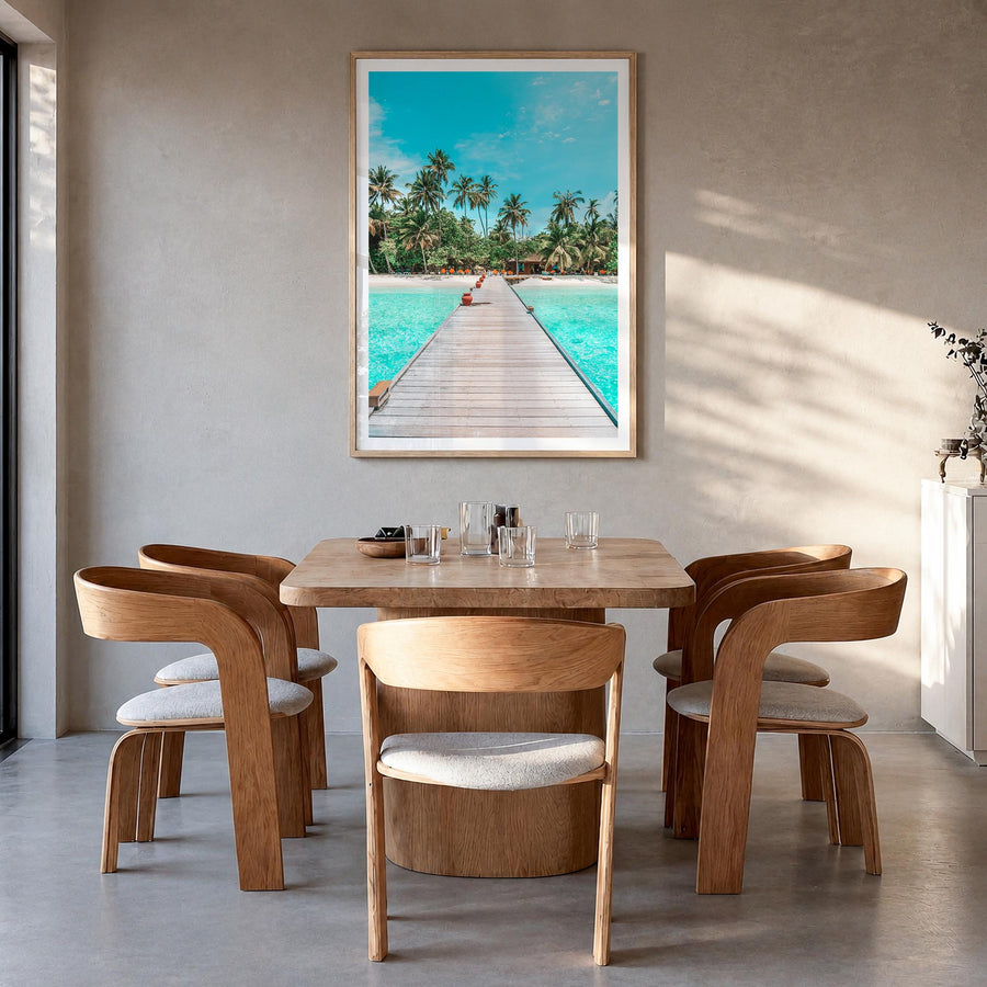 Maldives colorful photo poster of Asia – vertical wall art in natural wood frame with white border, hanging on wall