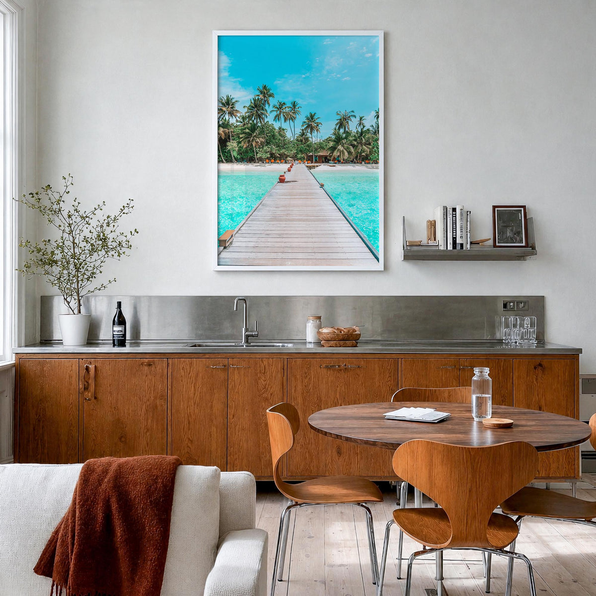 Maldives colorful photo poster of Asia – vertical wall art in white wood frame, hanging on wall