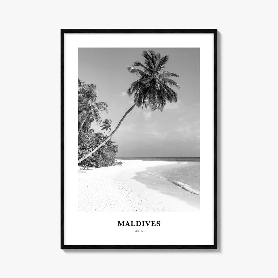 Maldives no. 1 black & white classic poster of Asia – vertical wall art, unframed print shown in interior mockup