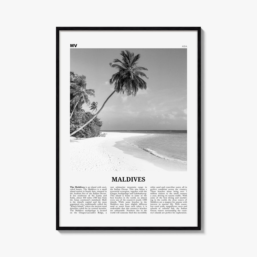 Maldives no. 1 black & white newspaper poster of Asia – vertical wall art, unframed print shown in interior mockup