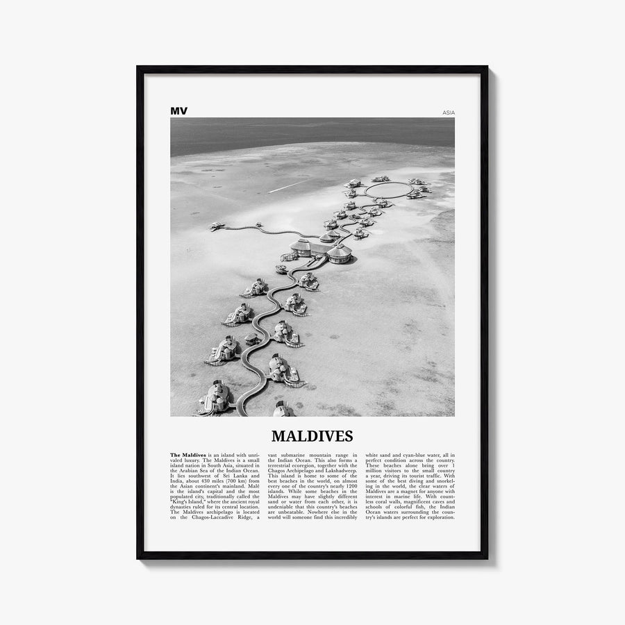 Maldives no. 2 black & white newspaper poster of Asia – vertical wall art, unframed print shown in interior mockup