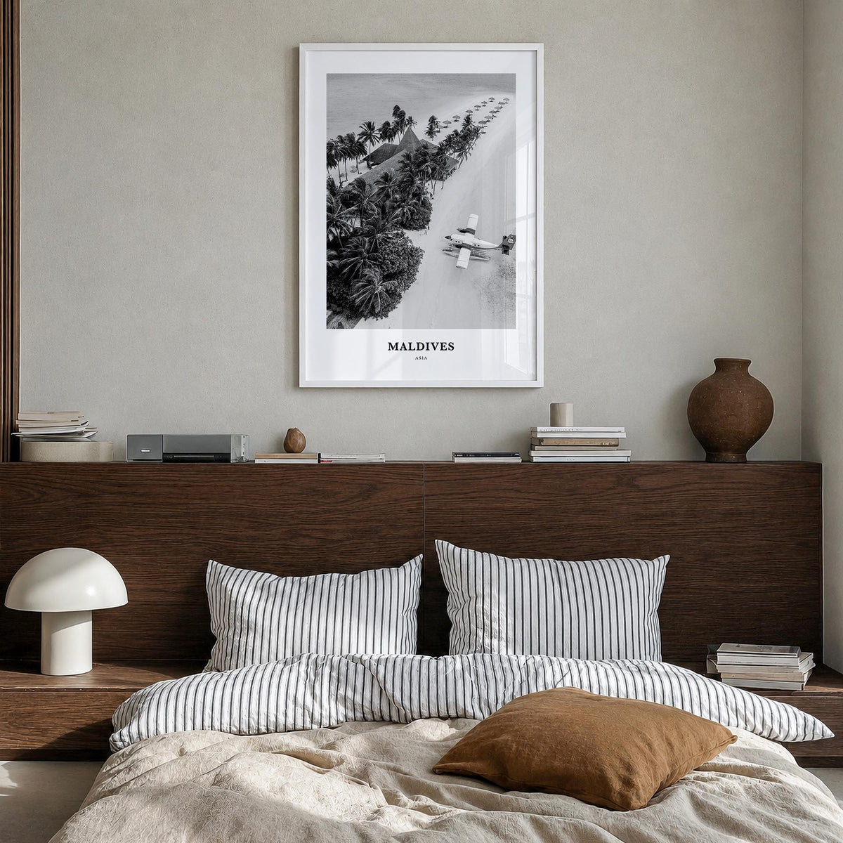 Maldives no. 3 black & white classic poster of Asia – vertical wall art in white wood frame, hanging on wall