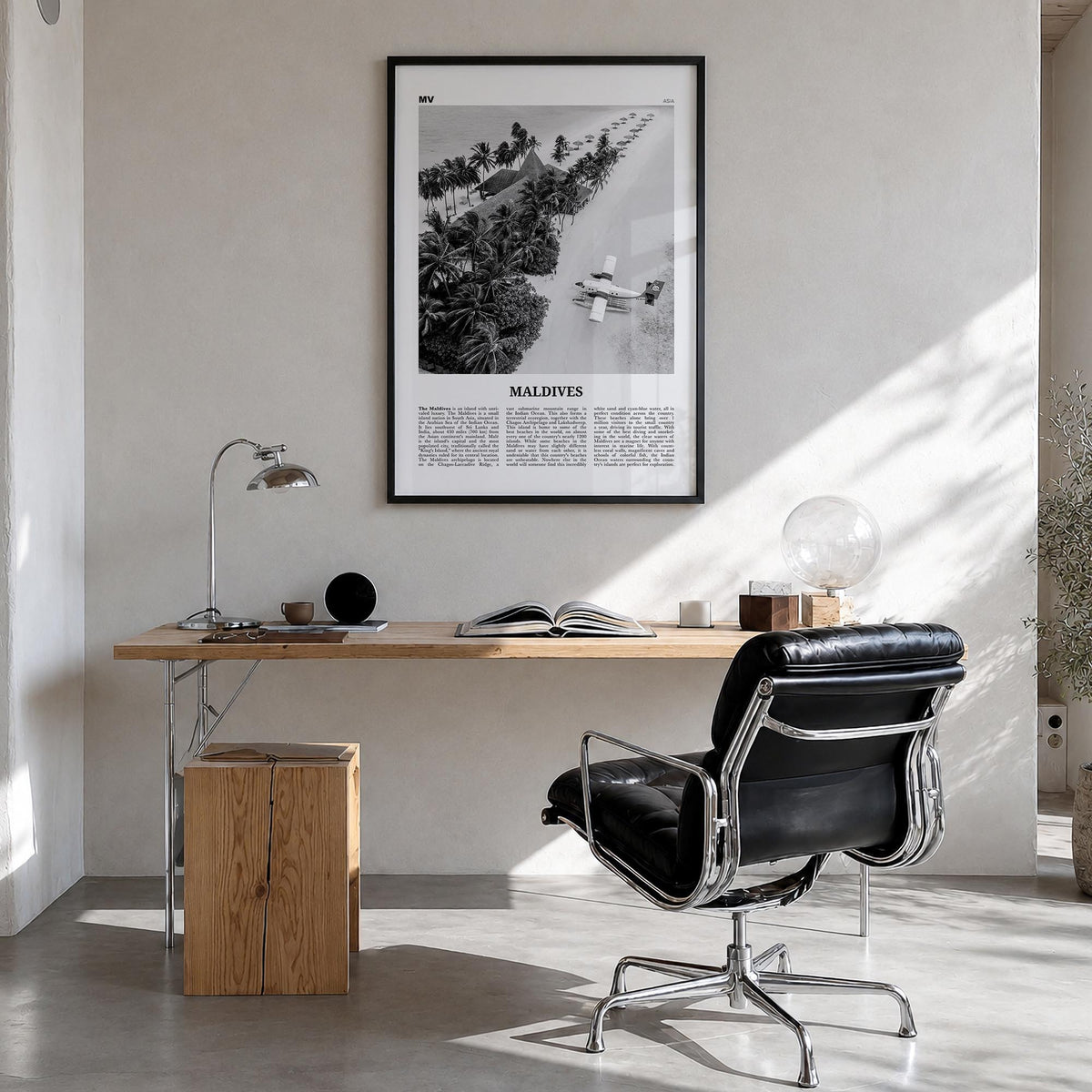 Maldives no. 3 black & white newspaper poster of Asia – vertical wall art in black wood frame, hanging on wall