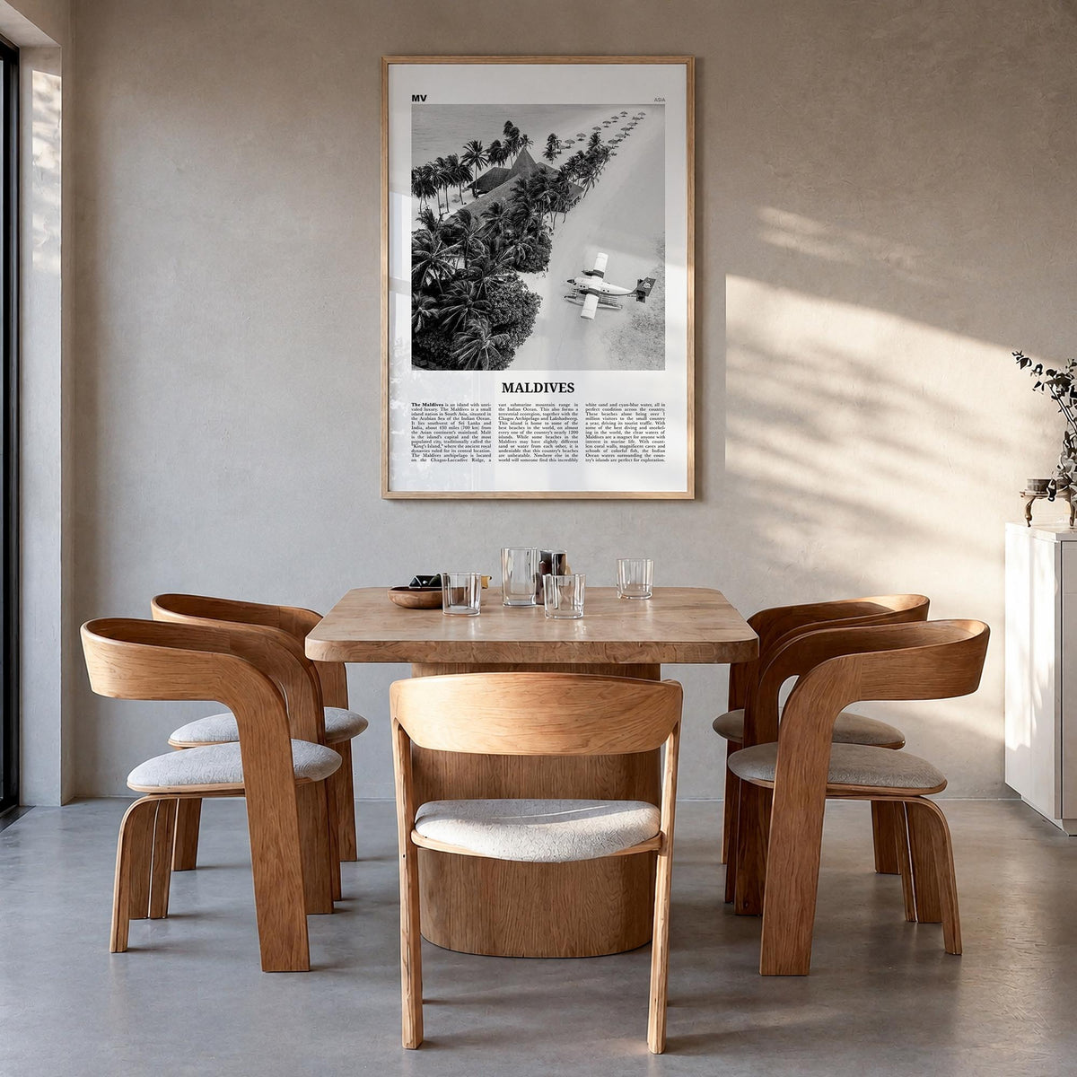 Maldives no. 3 black & white newspaper poster of Asia – vertical wall art in natural wood frame, hanging on wall