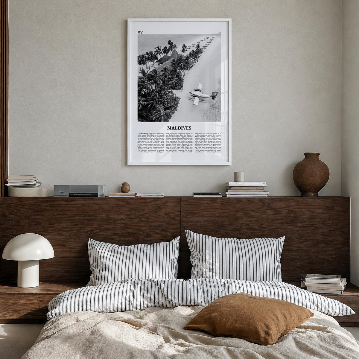 Maldives no. 3 black & white newspaper poster of Asia – vertical wall art in white wood frame, hanging on wall