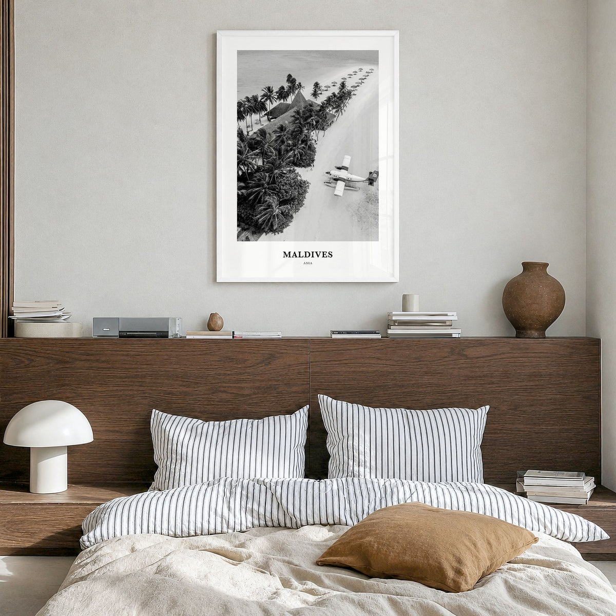 Maldives Classic No 3 Poster in a white wood frame, hanging in a bedroom