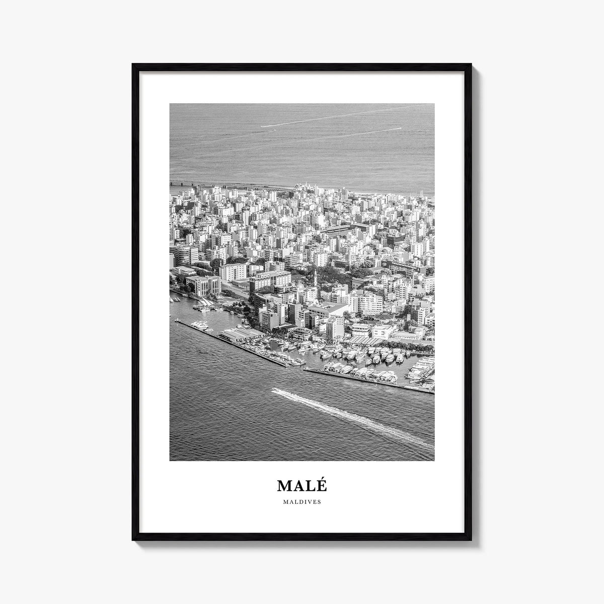 Malé black & white classic poster of Maldives – vertical wall art, unframed print shown in interior mockup