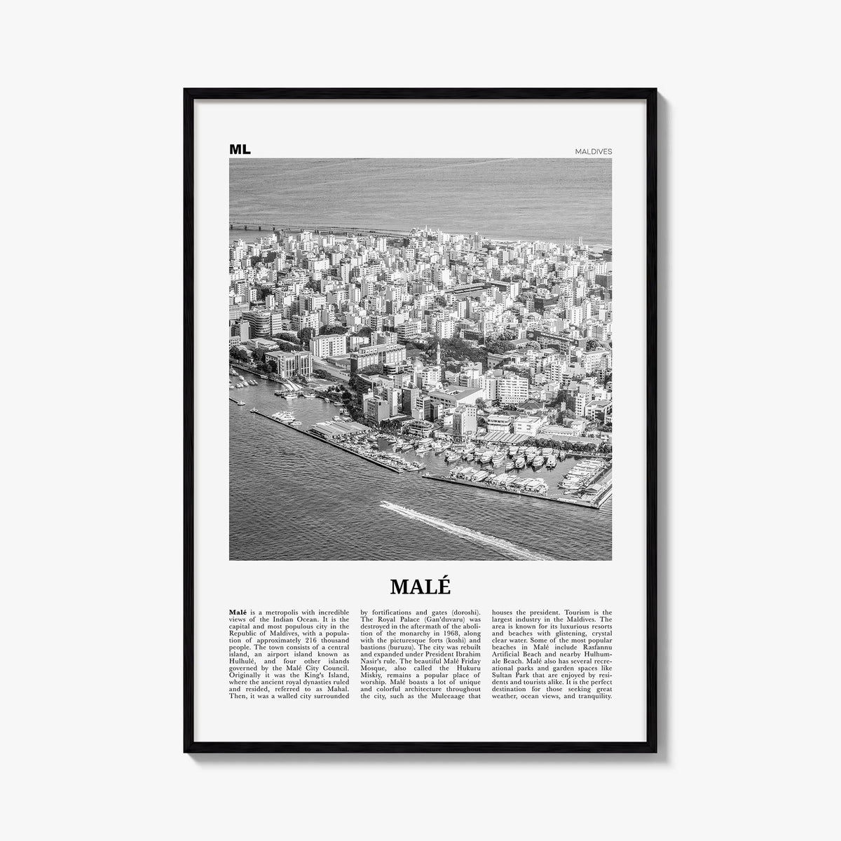 Malé black & white newspaper poster of Maldives – vertical wall art, unframed print shown in interior mockup