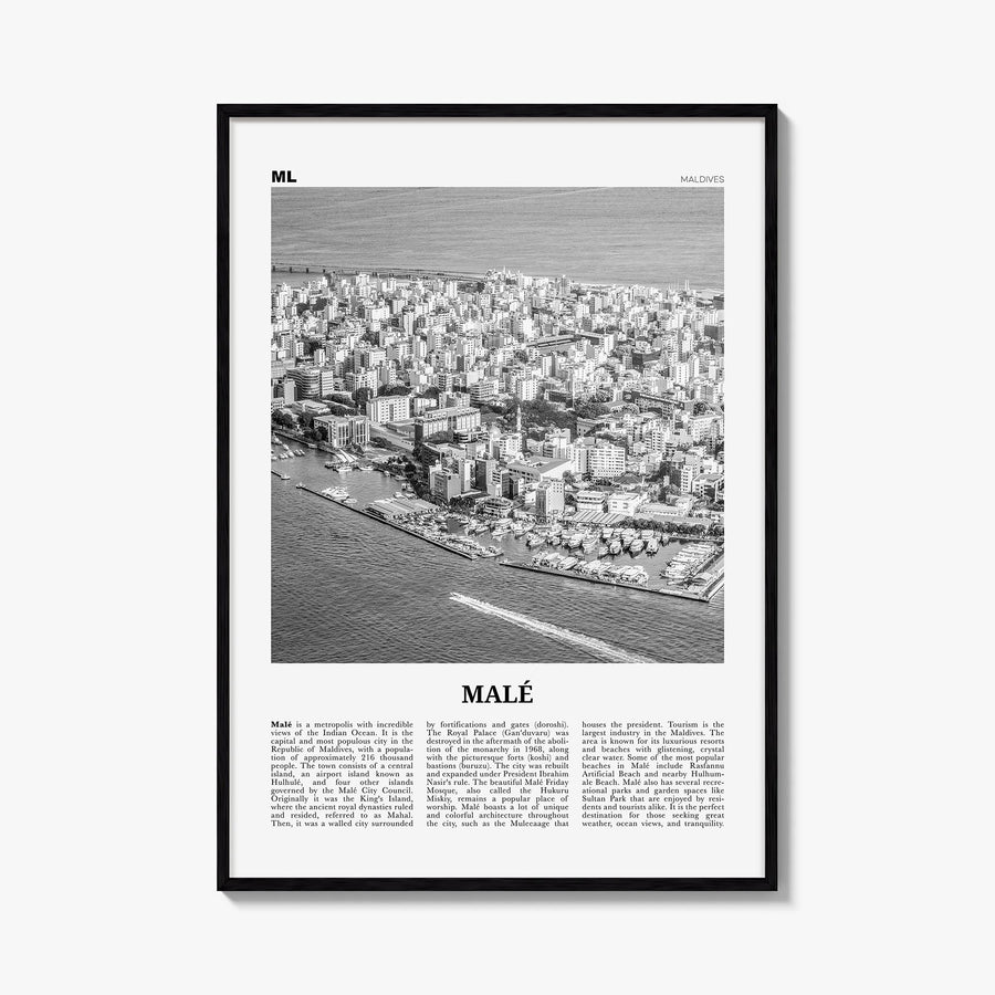 Malé black & white newspaper poster of Maldives – vertical wall art, unframed print shown in interior mockup