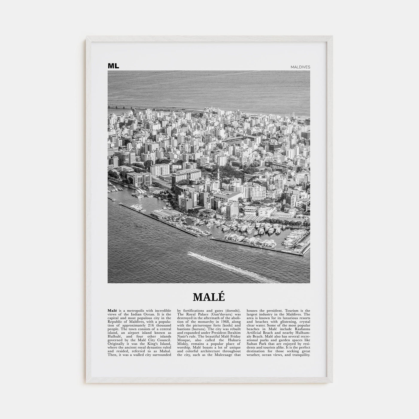 Malé Poster White Wood / 8x12 in Nbourhood Travel B&W Poster