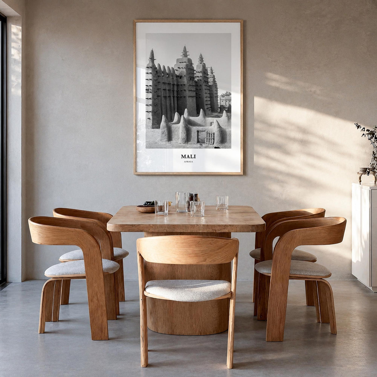 Mali black & white classic poster of Africa – vertical wall art in natural wood frame, hanging on wall