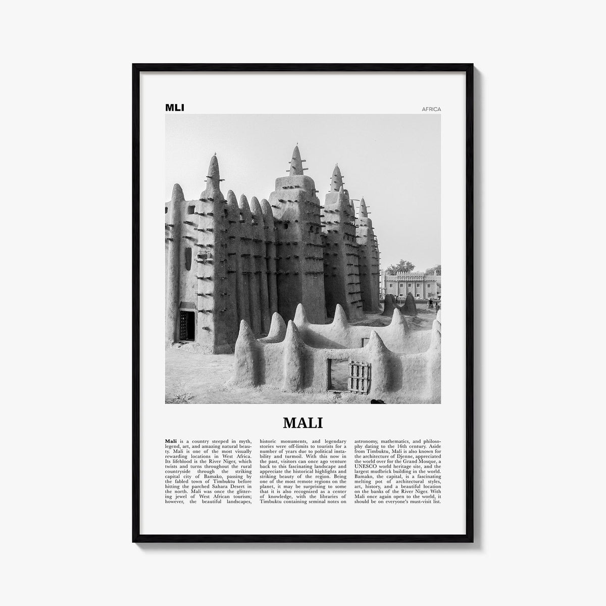 Mali black & white newspaper poster of Africa – vertical wall art, unframed print shown in interior mockup