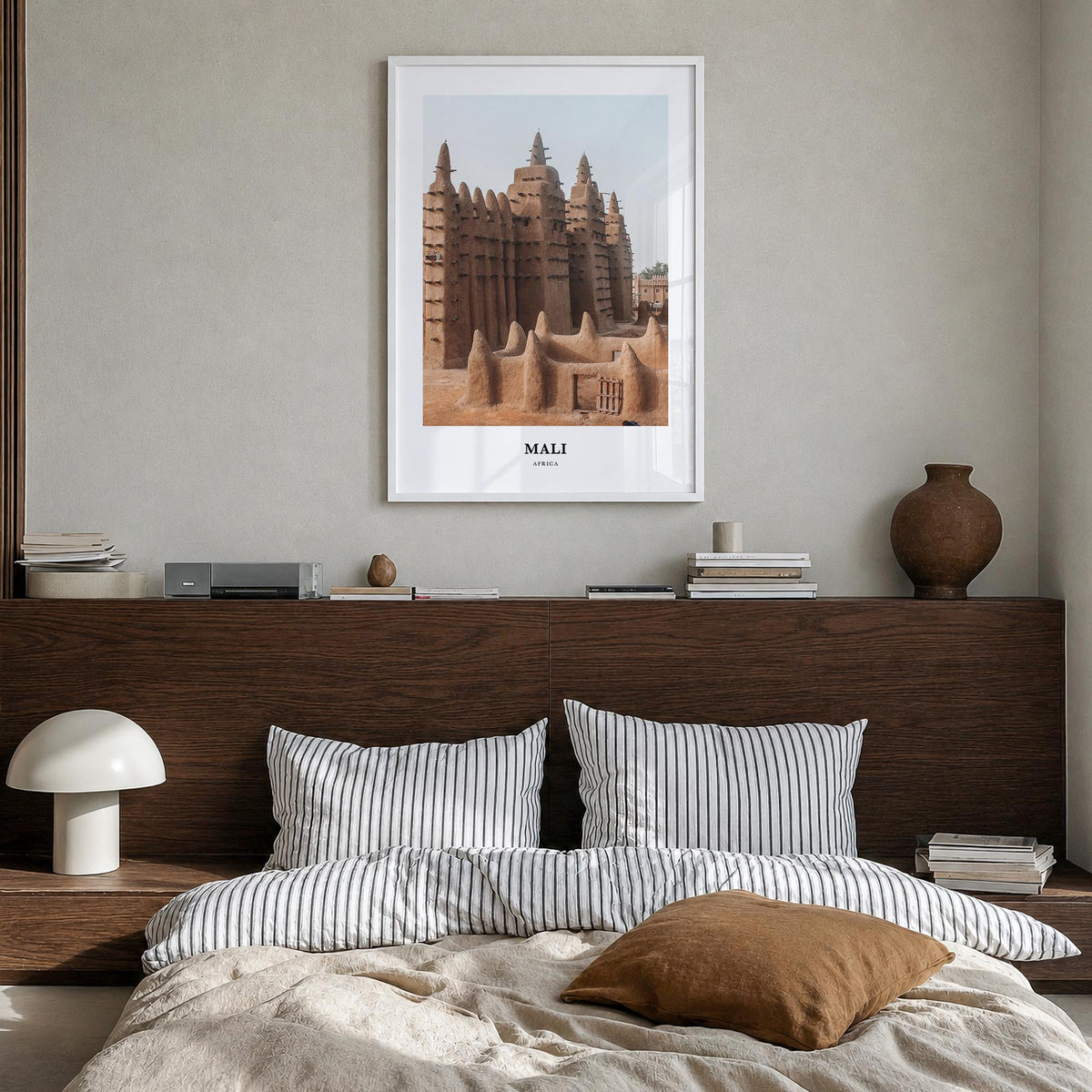 Mali no. 1 colorful classic poster of Africa – vertical wall art in white wood frame, hanging on wall