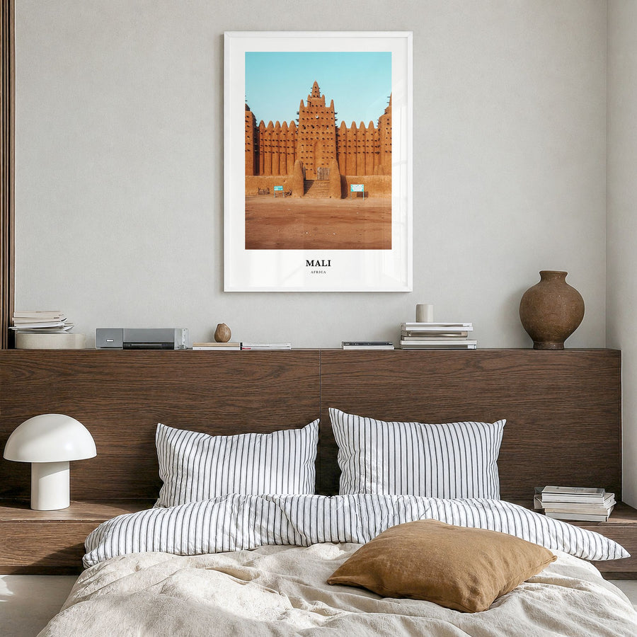 Mali Classic No 2 Poster in a white wood frame, hanging in a bedroom