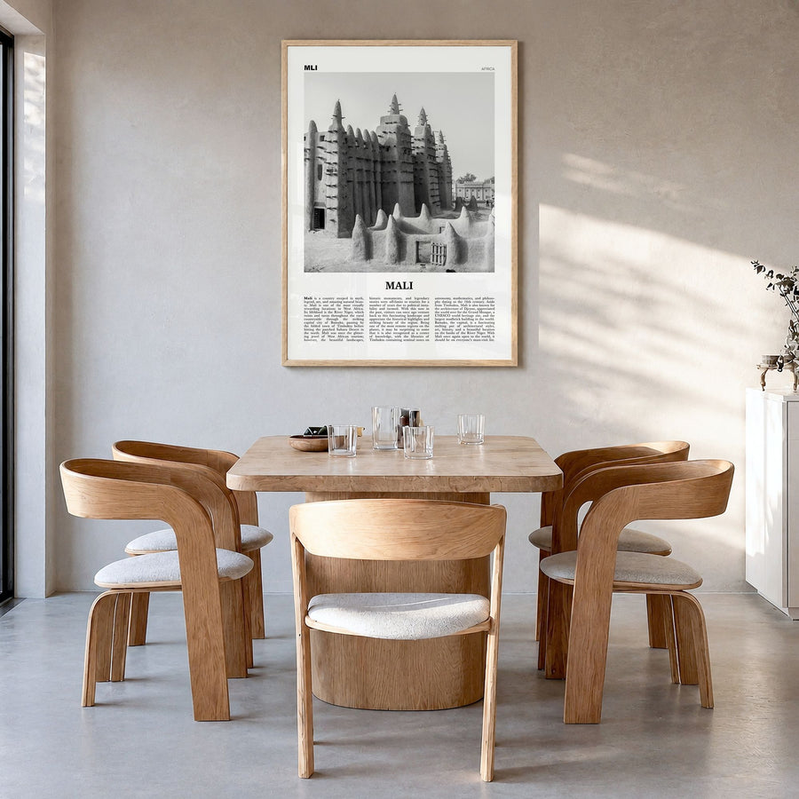Mali Newspaper Poster in a natural wood frame, hanging in a dining room