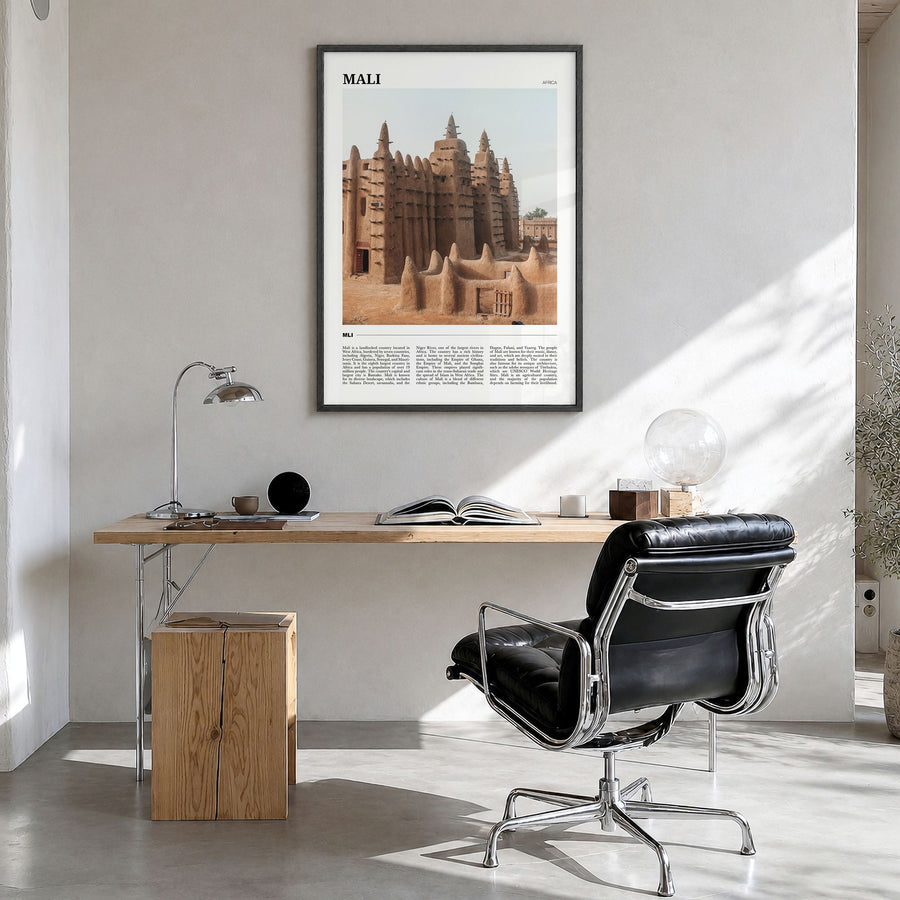 Mali Travel Poster in a black wood frame, hanging in a bright home office