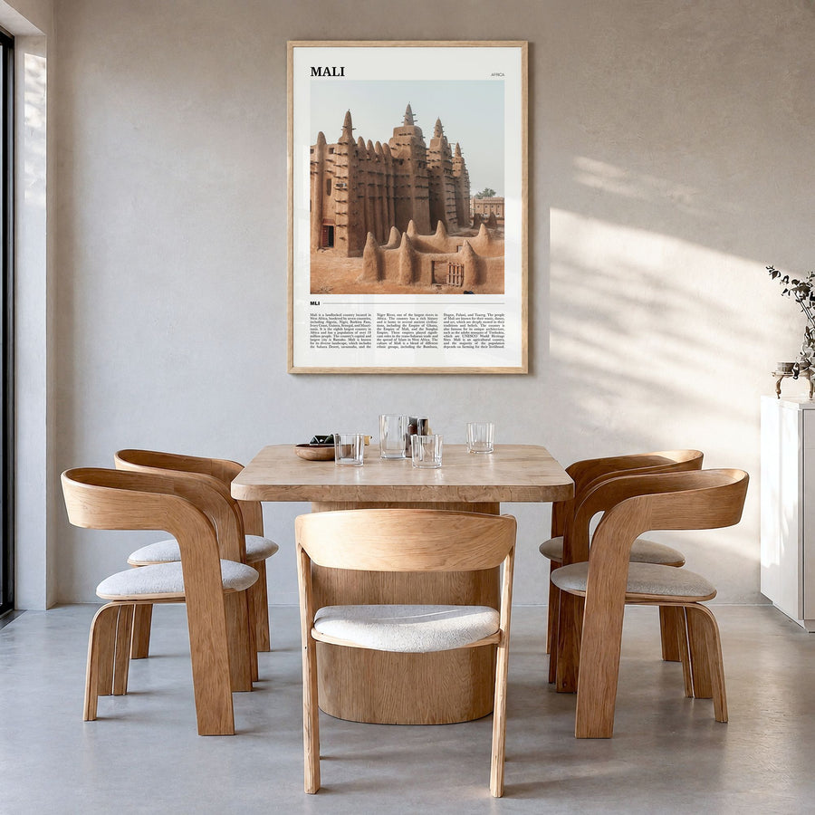 Mali Travel Poster in a natural wood frame, hanging in a dining room