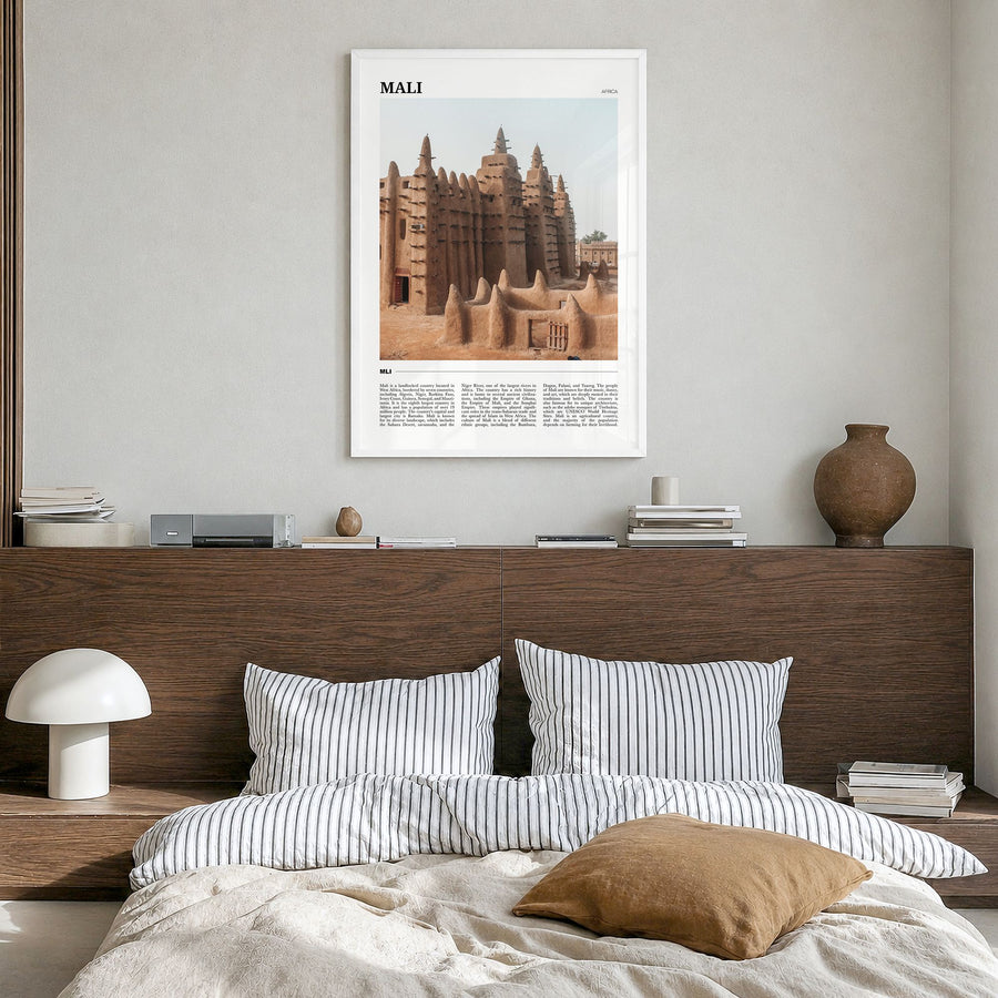 Mali Travel Poster in a white wood frame, hanging in a bedroom
