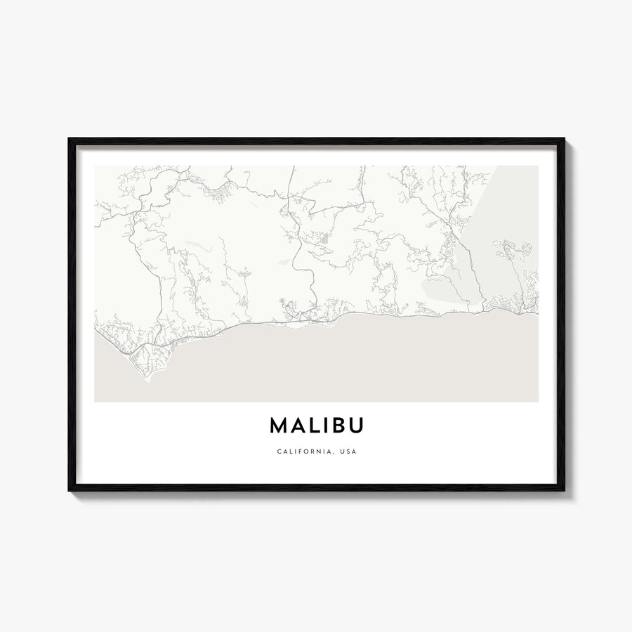 Malibu black & white map poster of California, USA – horizontal wall art, unframed print shown in interior mockup