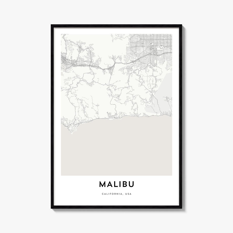 Malibu black & white map poster of California, USA – vertical wall art, unframed print shown in interior mockup