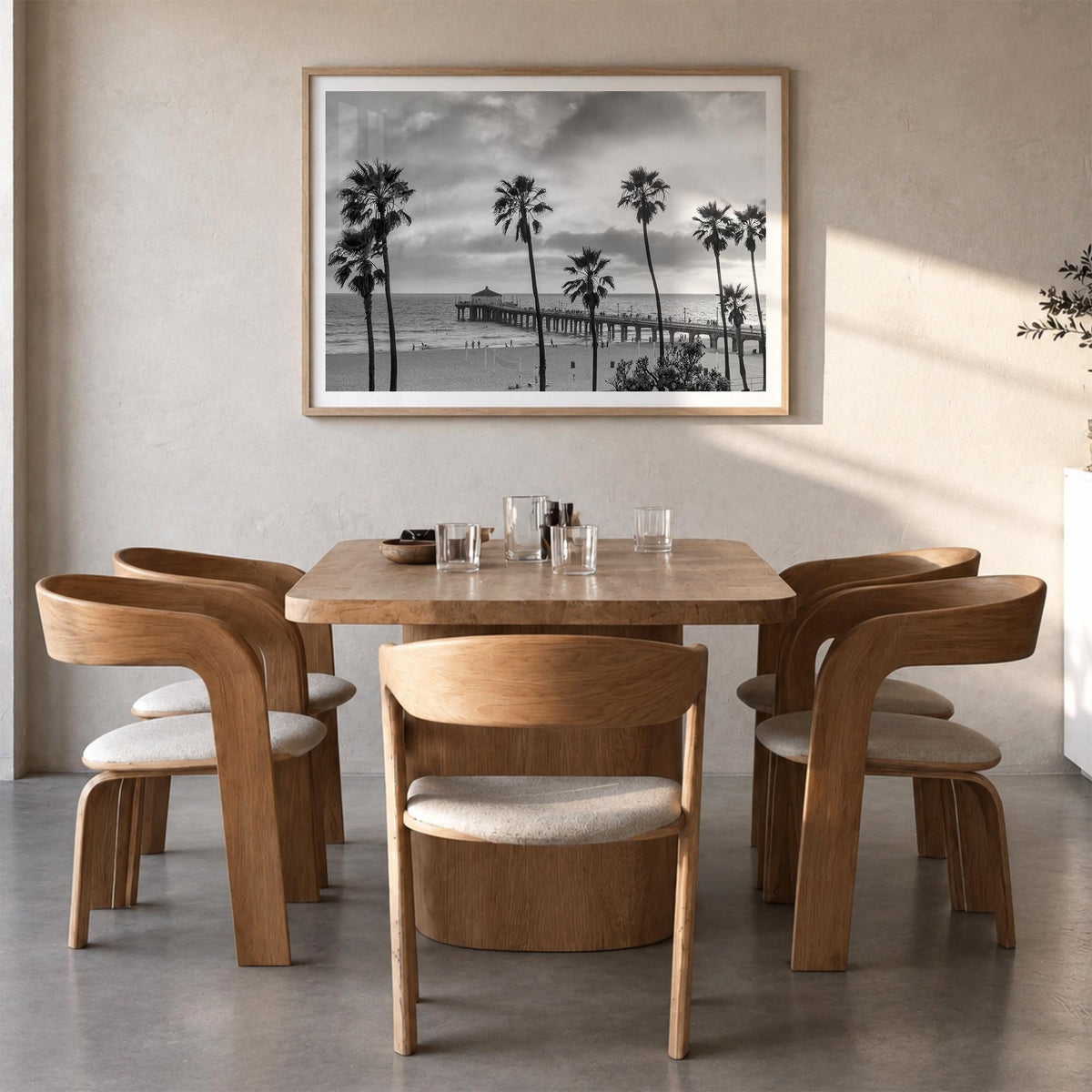 Malibu black & white photo poster of California, USA – horizontal wall art in natural wood frame with white border, hanging o