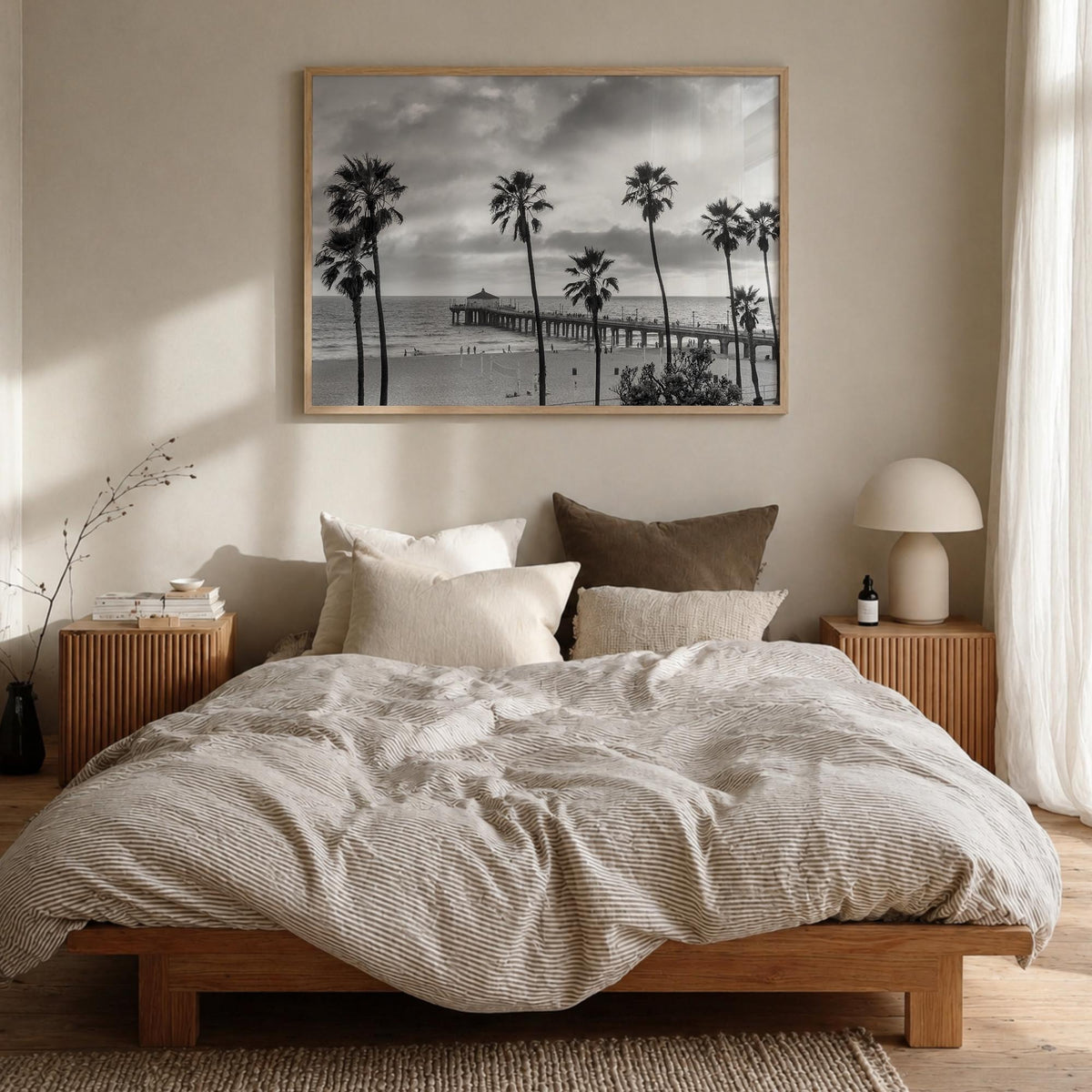 Malibu black & white photo poster of California, USA – horizontal wall art in natural wood frame, hanging on wall
