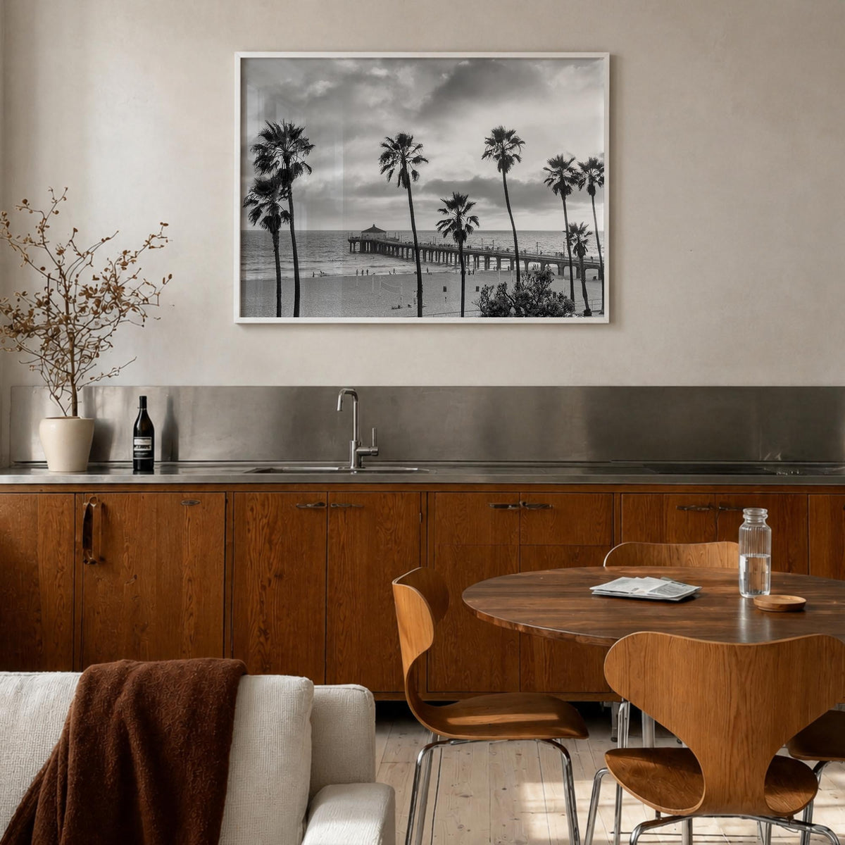 Malibu black & white photo poster of California, USA – horizontal wall art in white wood frame, hanging on wall