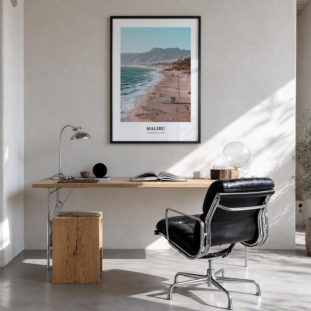 Malibu colorful classic poster of California, USA – vertical wall art in black wood frame, hanging on wall