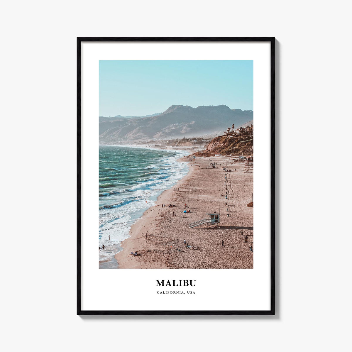 Malibu colorful classic poster of California, USA – vertical wall art, unframed print shown in interior mockup