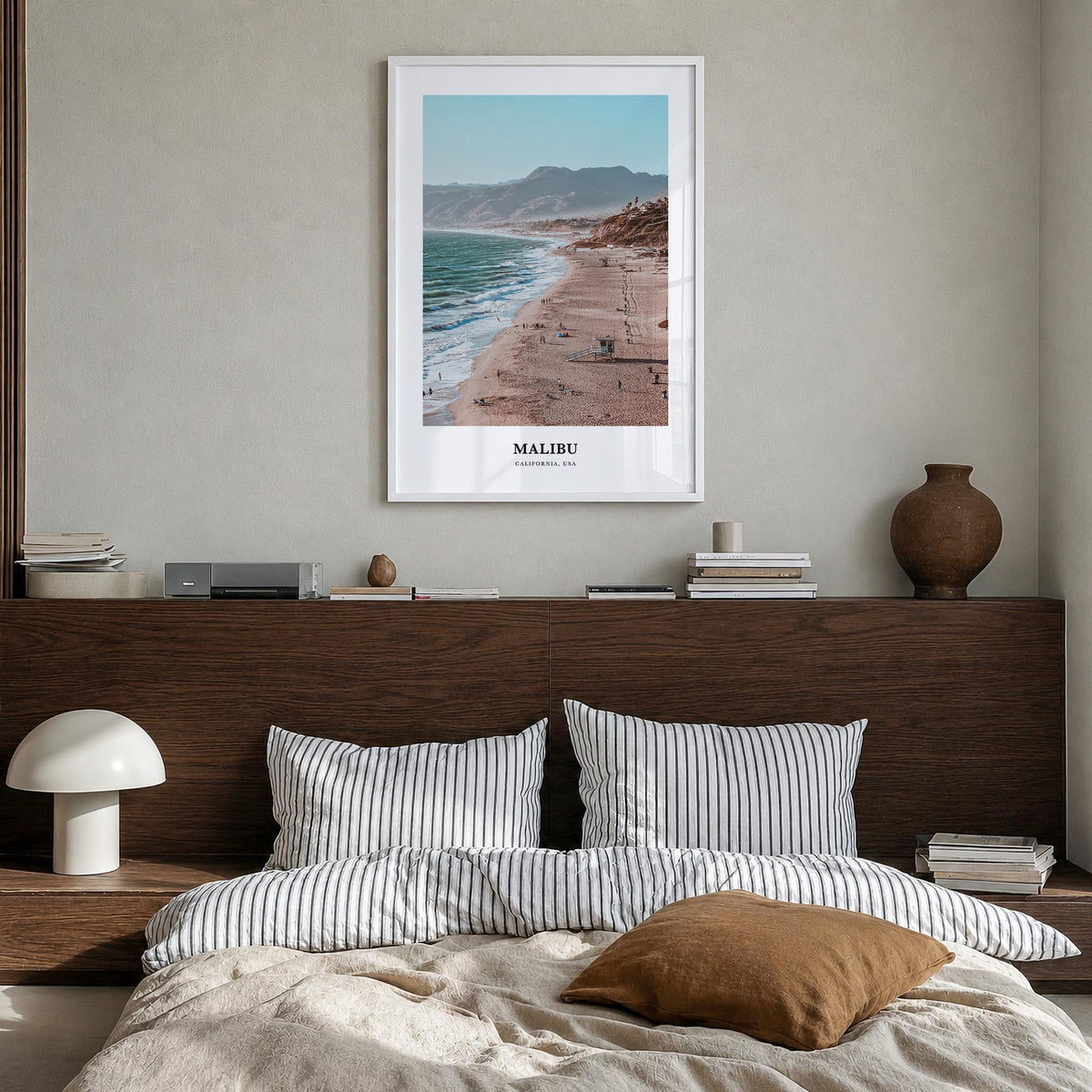 Malibu colorful classic poster of California, USA – vertical wall art in white wood frame, hanging on wall