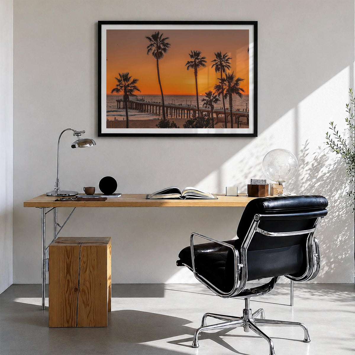 Malibu colorful photo poster of California, USA – horizontal wall art in black wood frame with white border, hanging on wall