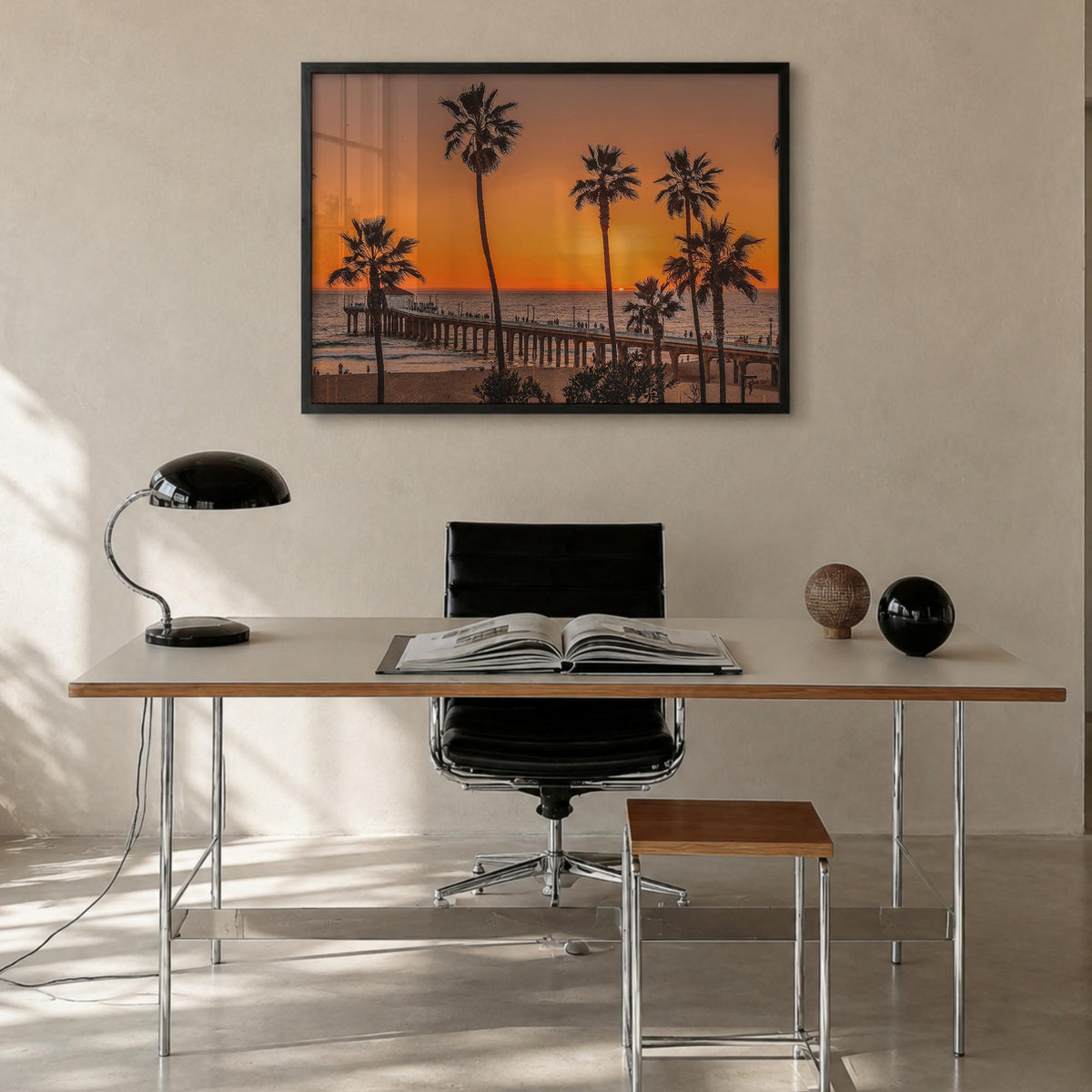 Malibu colorful photo poster of California, USA – horizontal wall art in black wood frame, hanging on wall