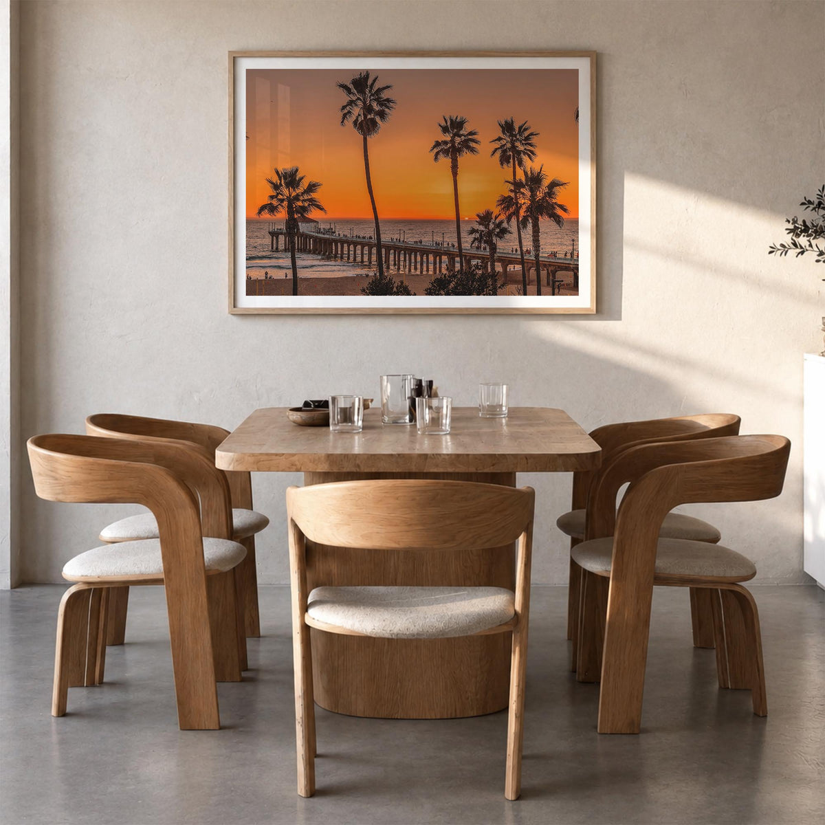 Malibu colorful photo poster of California, USA – horizontal wall art in natural wood frame with white border, hanging on wal