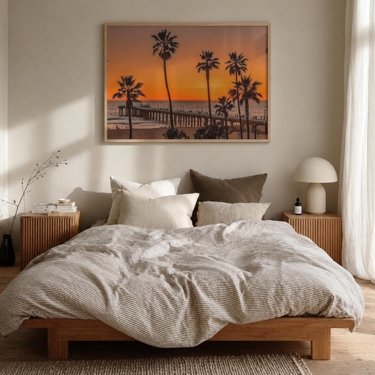 Malibu colorful photo poster of California, USA – horizontal wall art in natural wood frame, hanging on wall