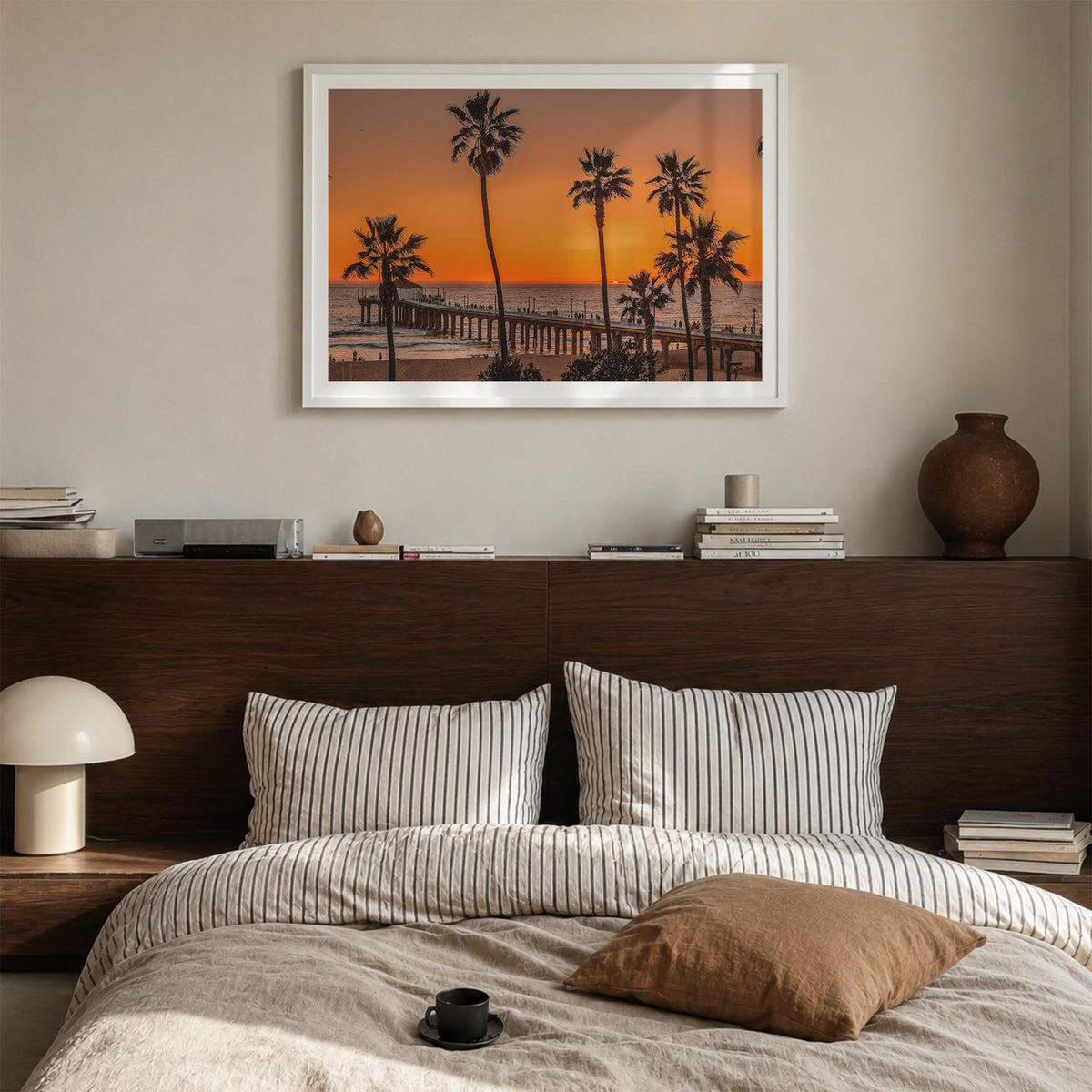 Malibu colorful photo poster of California, USA – horizontal wall art in white wood frame with white border, hanging on wall