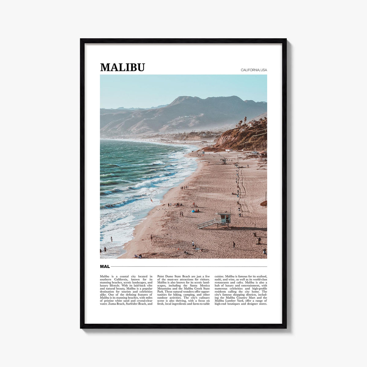 Malibu colorful travel poster of California, USA – vertical wall art, unframed print shown in interior mockup