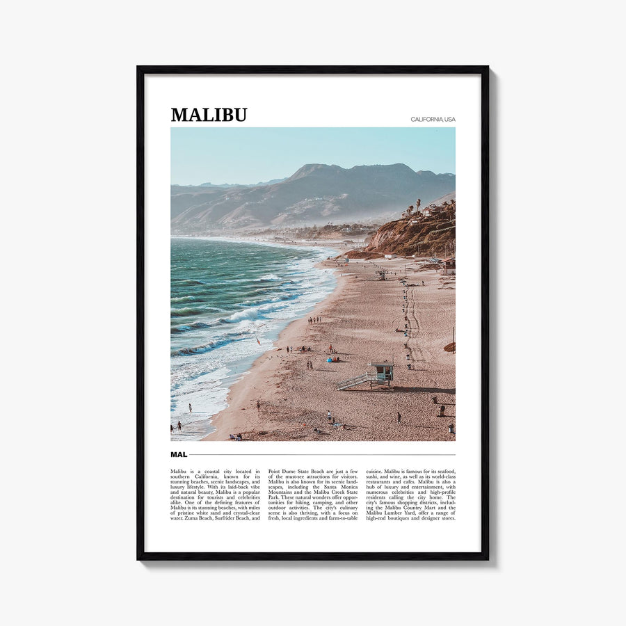 Malibu colorful travel poster of California, USA – vertical wall art, unframed print shown in interior mockup