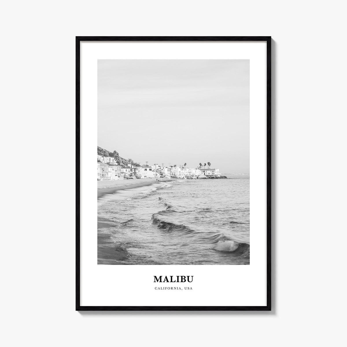 Malibu no. 1 black & white classic poster of California, USA – vertical wall art, unframed print shown in interior mockup