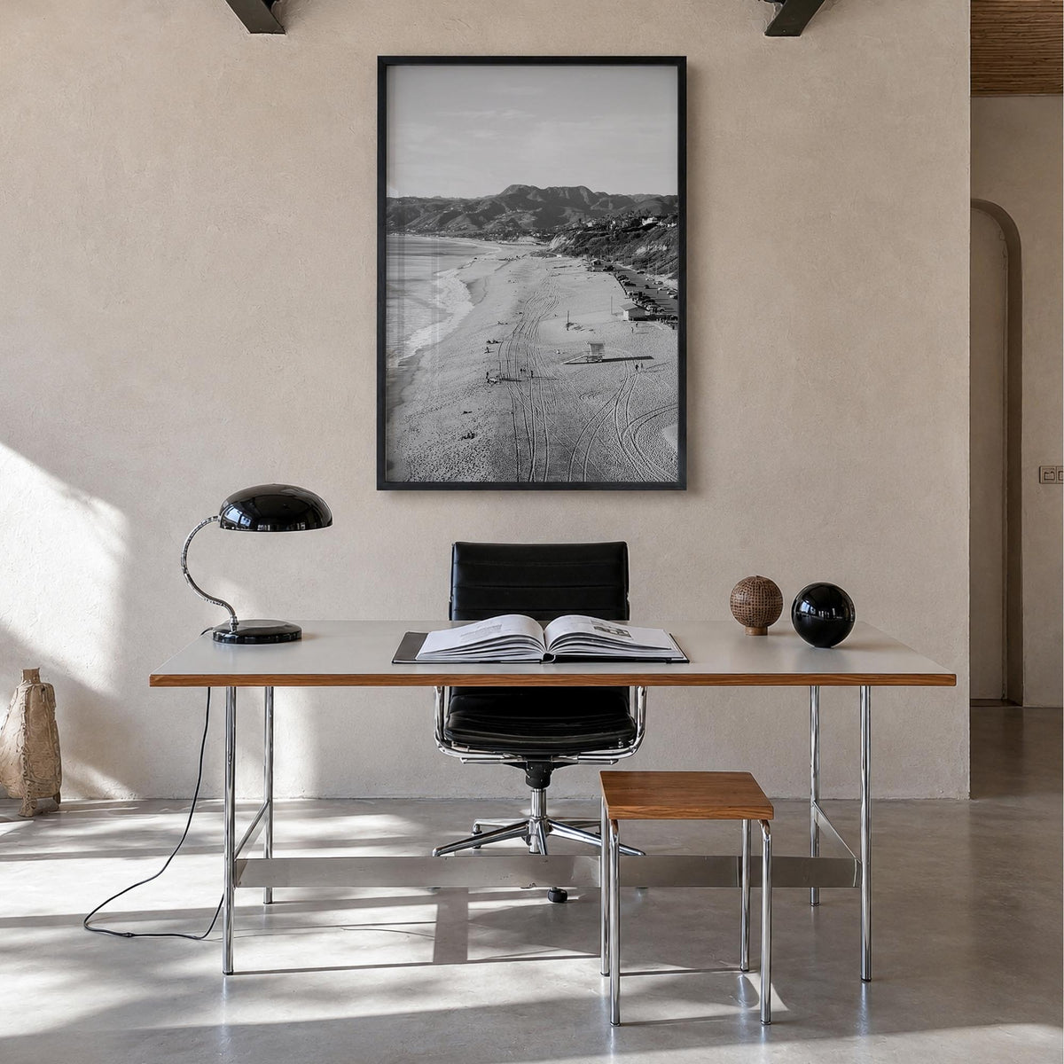 Malibu no. 1 black & white photo poster of California, USA – vertical wall art in black wood frame, hanging on wall