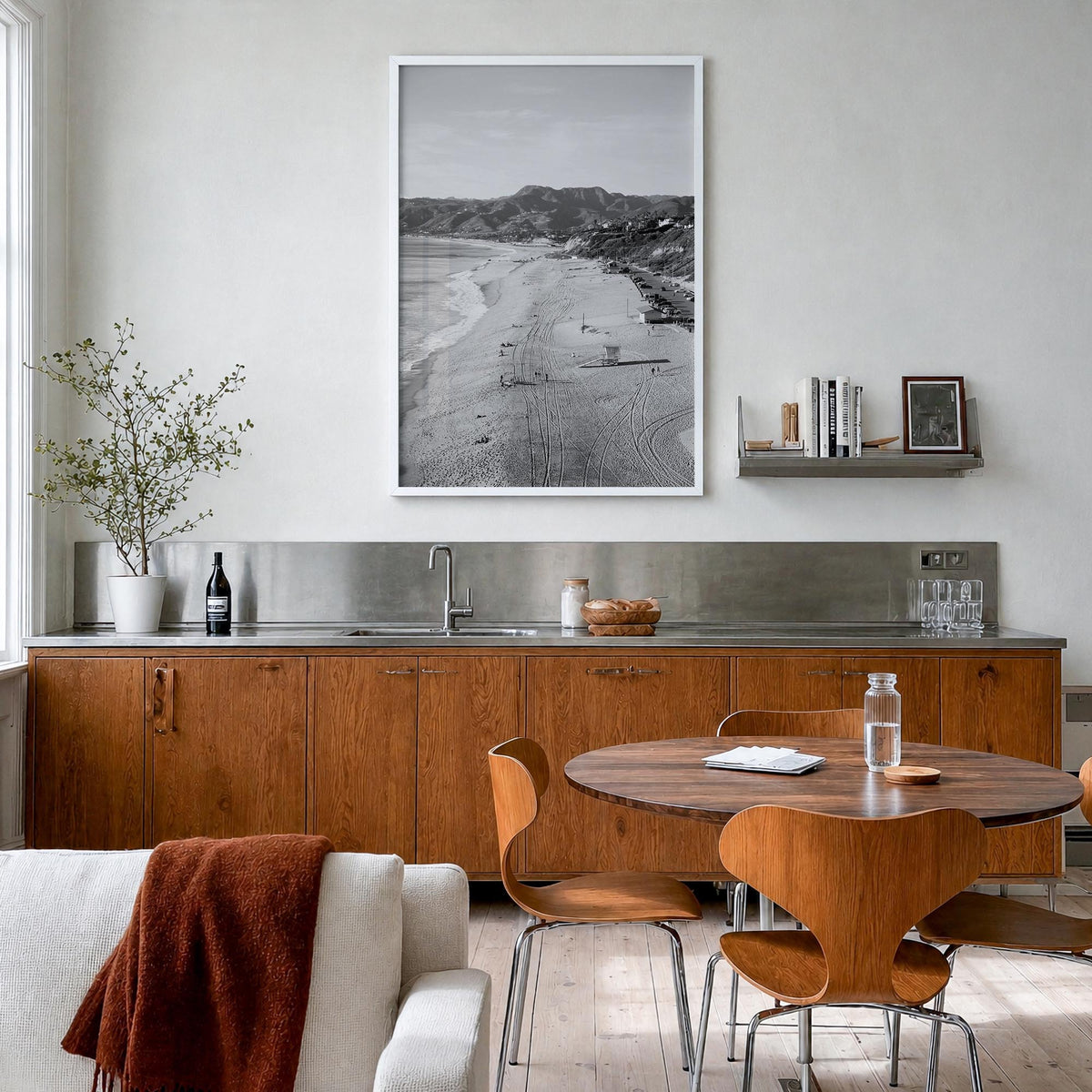 Malibu no. 1 black & white photo poster of California, USA – vertical wall art in white wood frame, hanging on wall