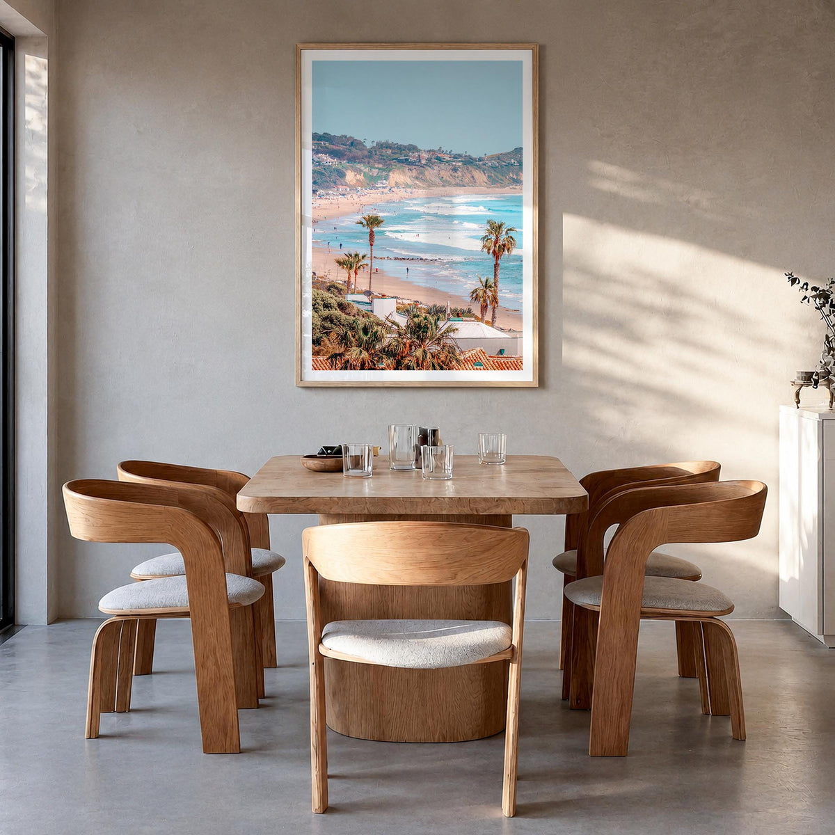Malibu no. 1 colorful photo poster of California, USA – vertical wall art in natural wood frame with white border, hanging on