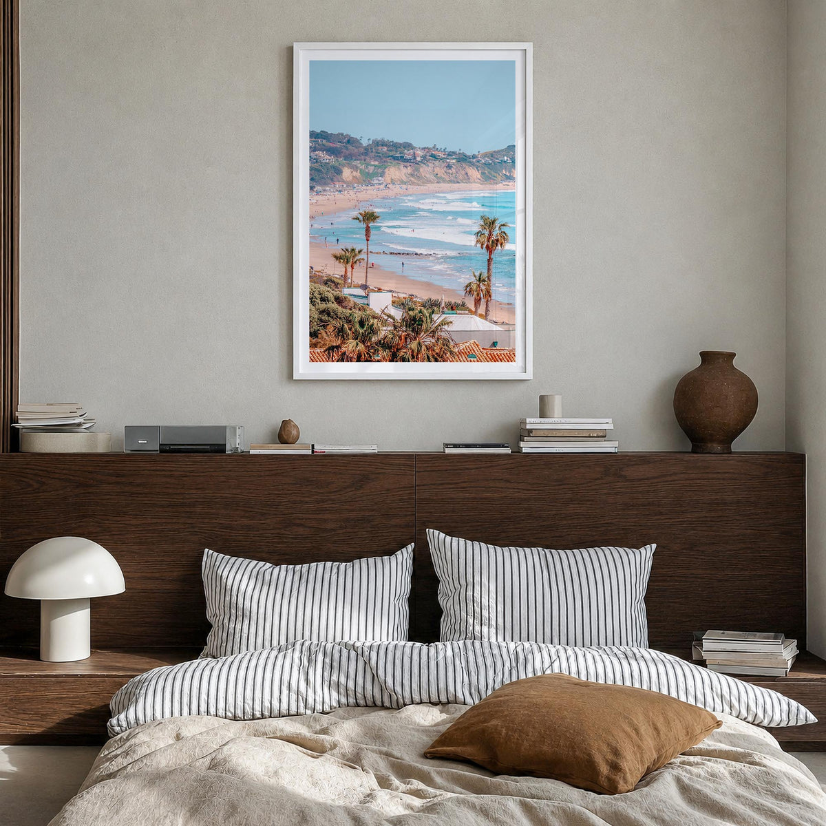 Malibu no. 1 colorful photo poster of California, USA – vertical wall art in white wood frame with white border, hanging on w