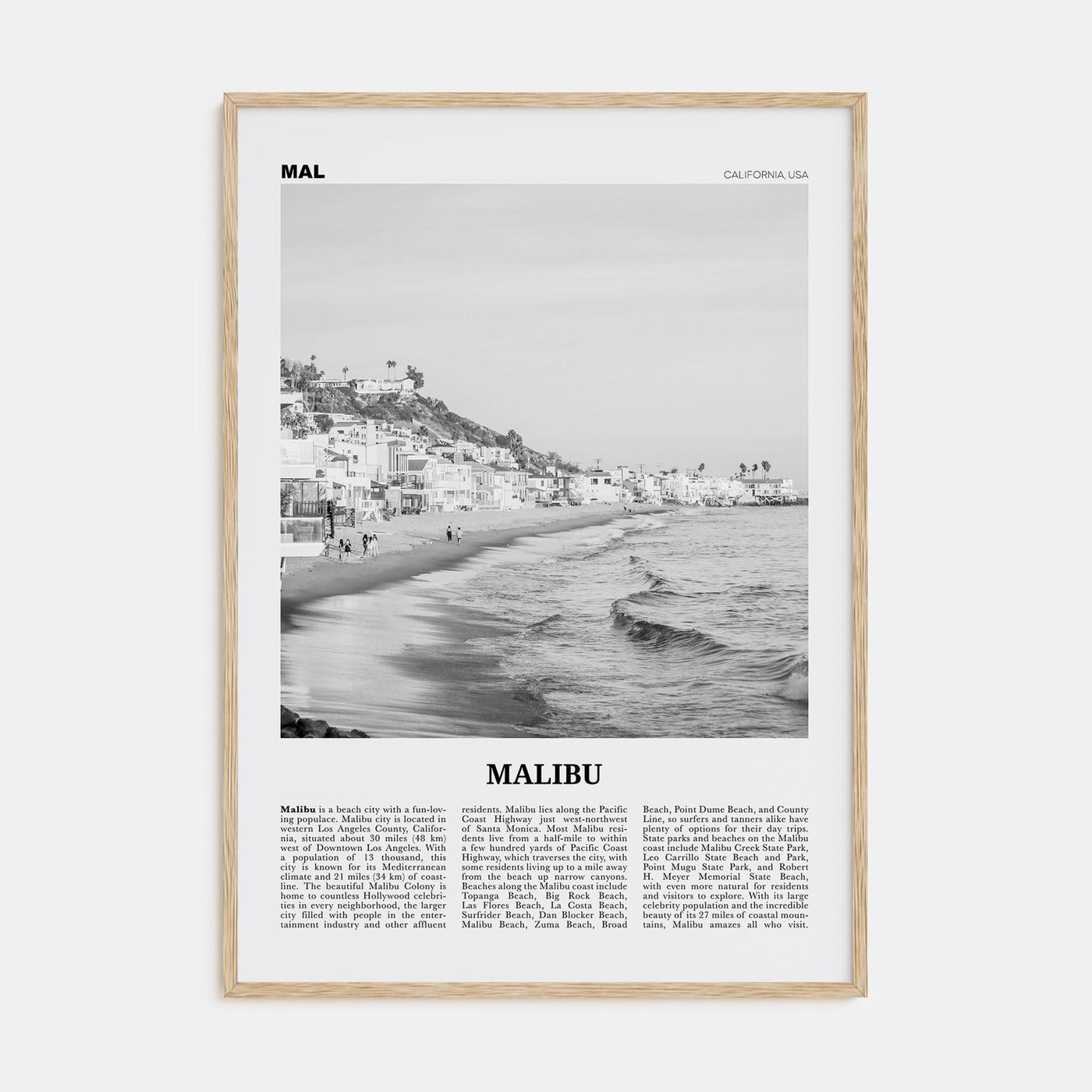 Malibu No 1 Poster Natural Wood / 8x12 in Nbourhood Travel B&W Poster