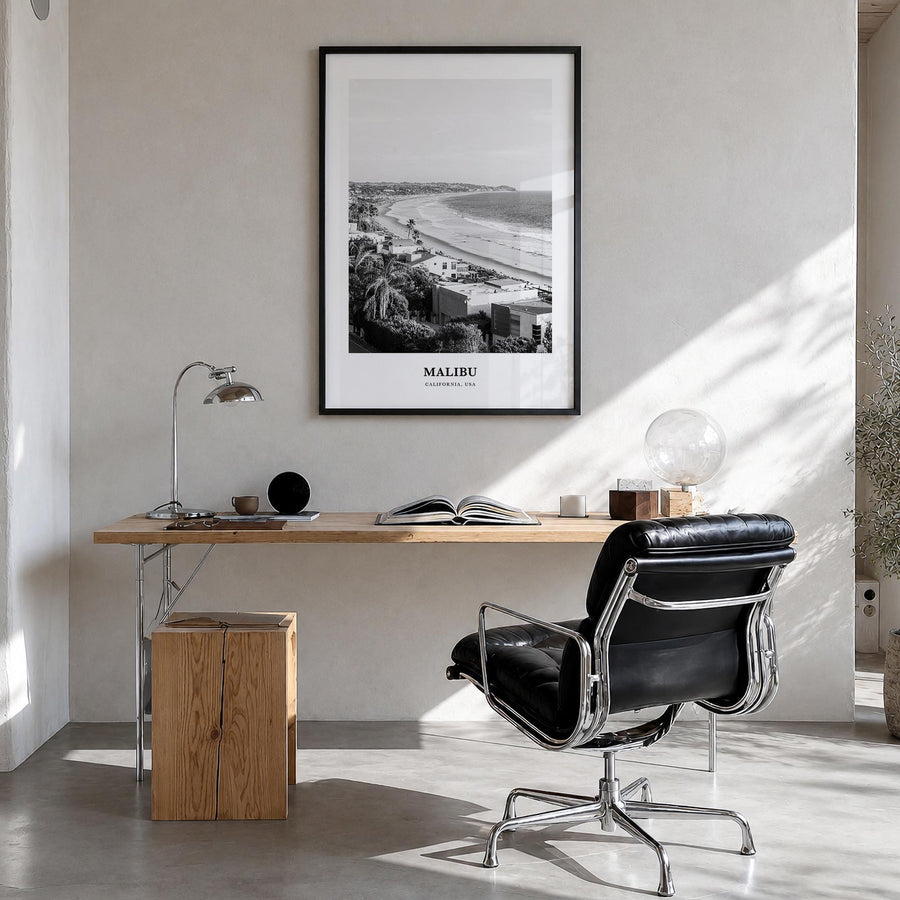 Malibu no. 2 black & white classic poster of California, USA – vertical wall art in black wood frame, hanging on wall