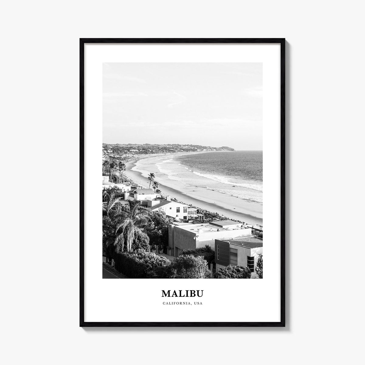 Malibu no. 2 black & white classic poster of California, USA – vertical wall art, unframed print shown in interior mockup