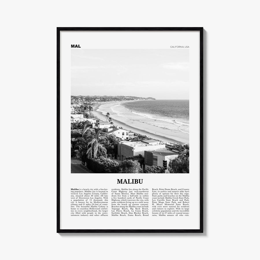 Malibu no. 2 black & white newspaper poster of California, USA – vertical wall art, unframed print shown in interior mockup
