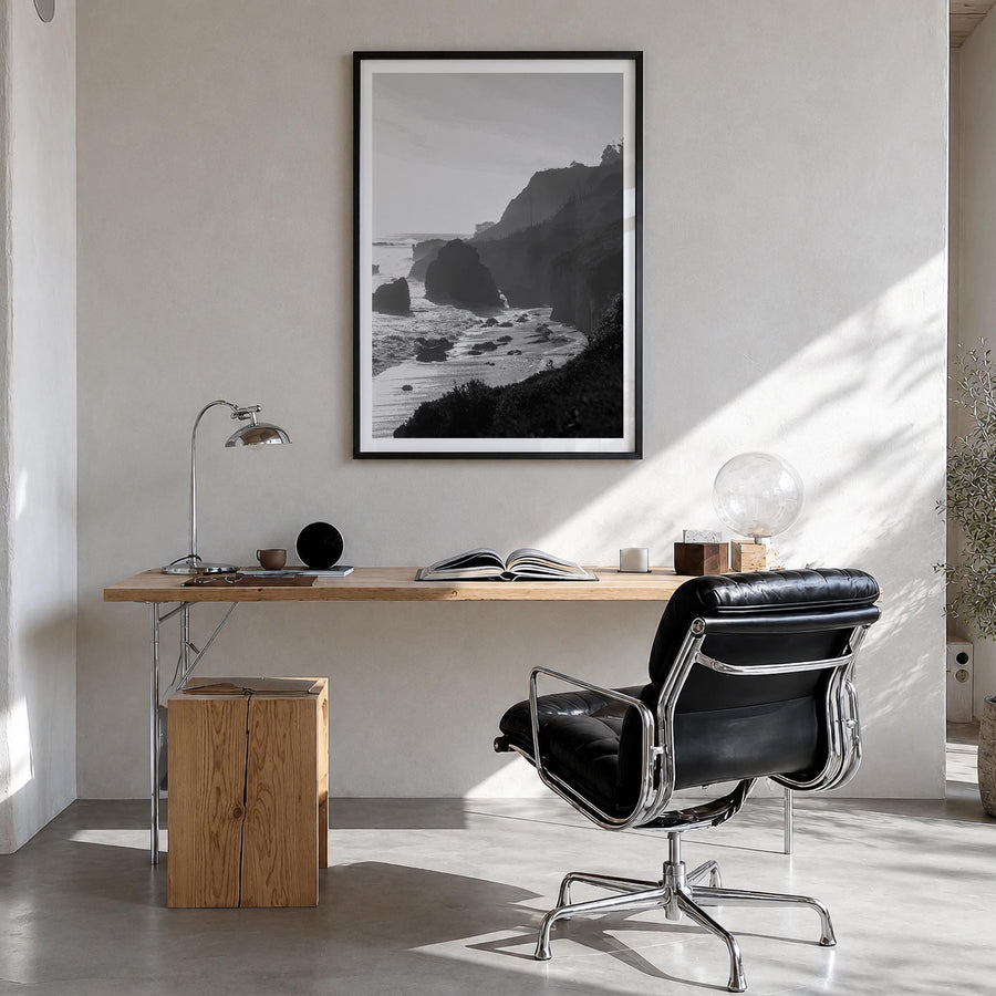 Malibu no. 2 black & white photo poster of California, USA – vertical wall art in black wood frame with white border, hanging